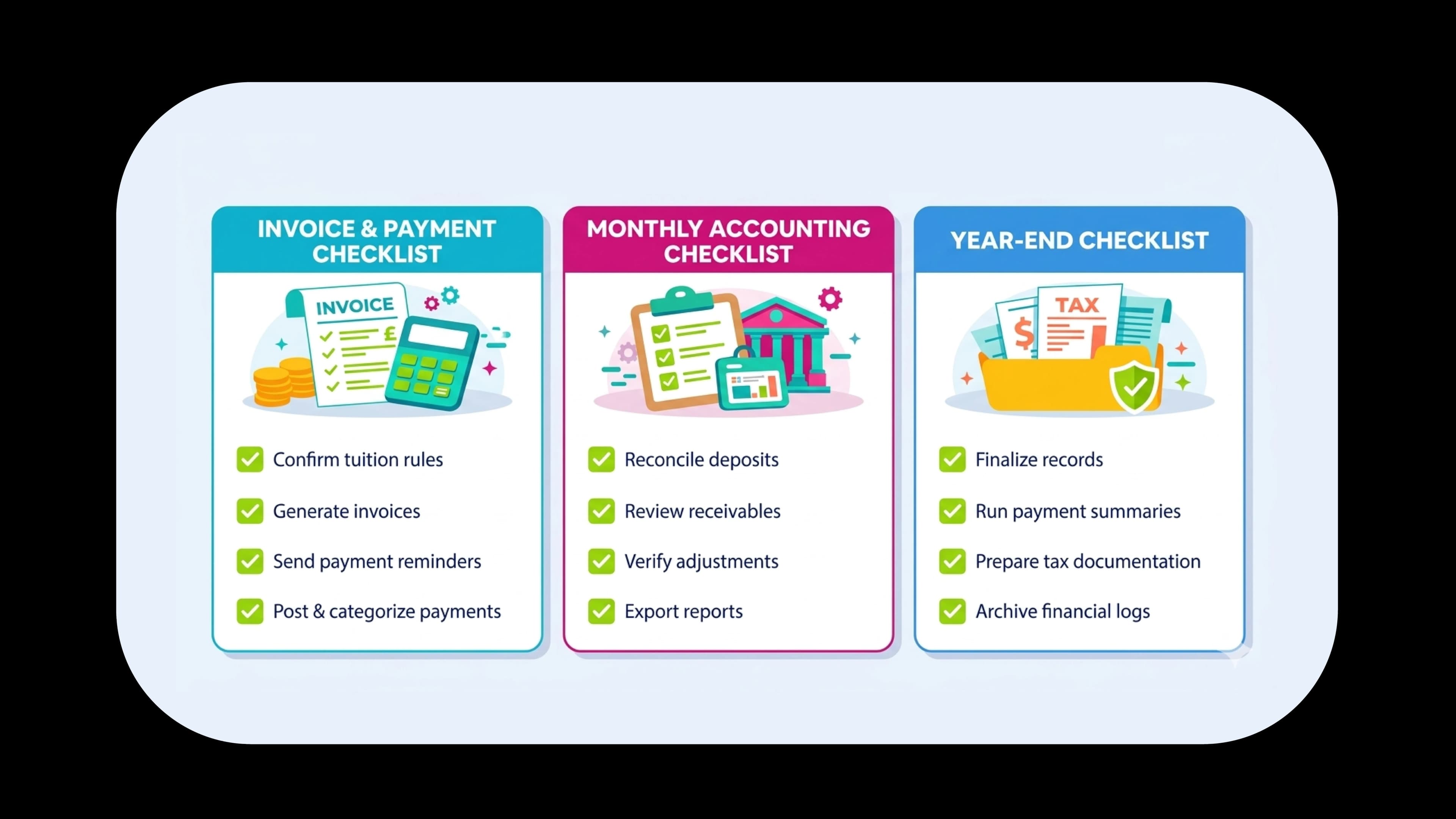 Billing payment and accounting checklists for childcare