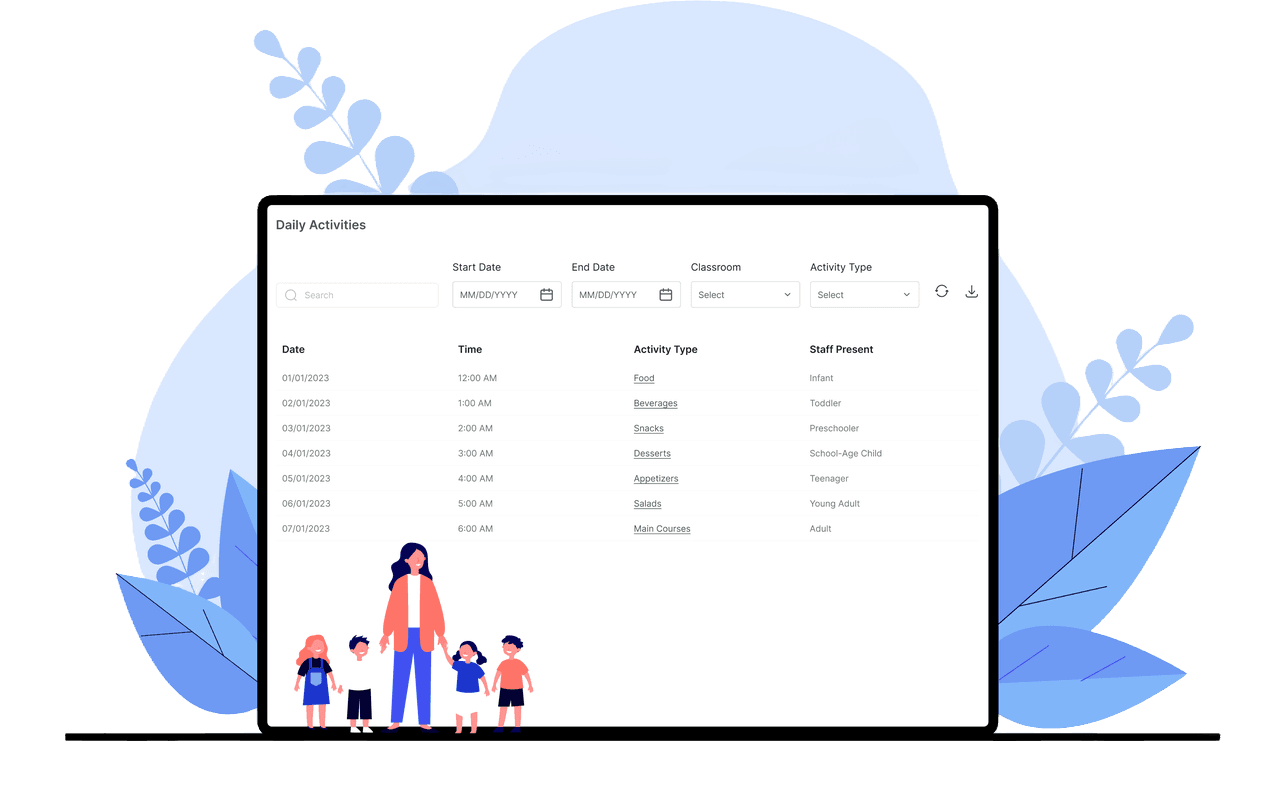 ChildEra daily activities dashboard with schedule filters and teacher with children illustration