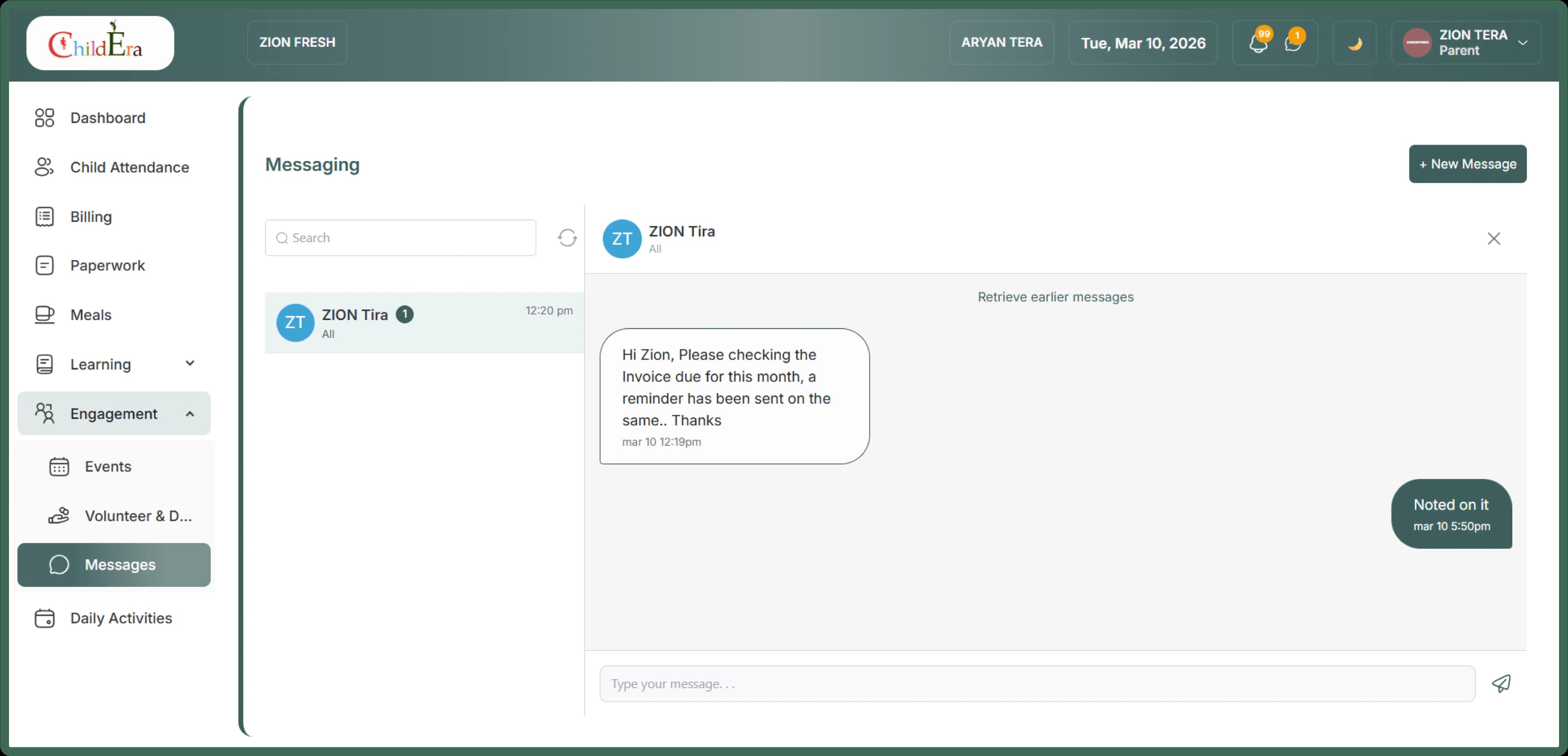 Parent communication and messaging interface in ChildEra