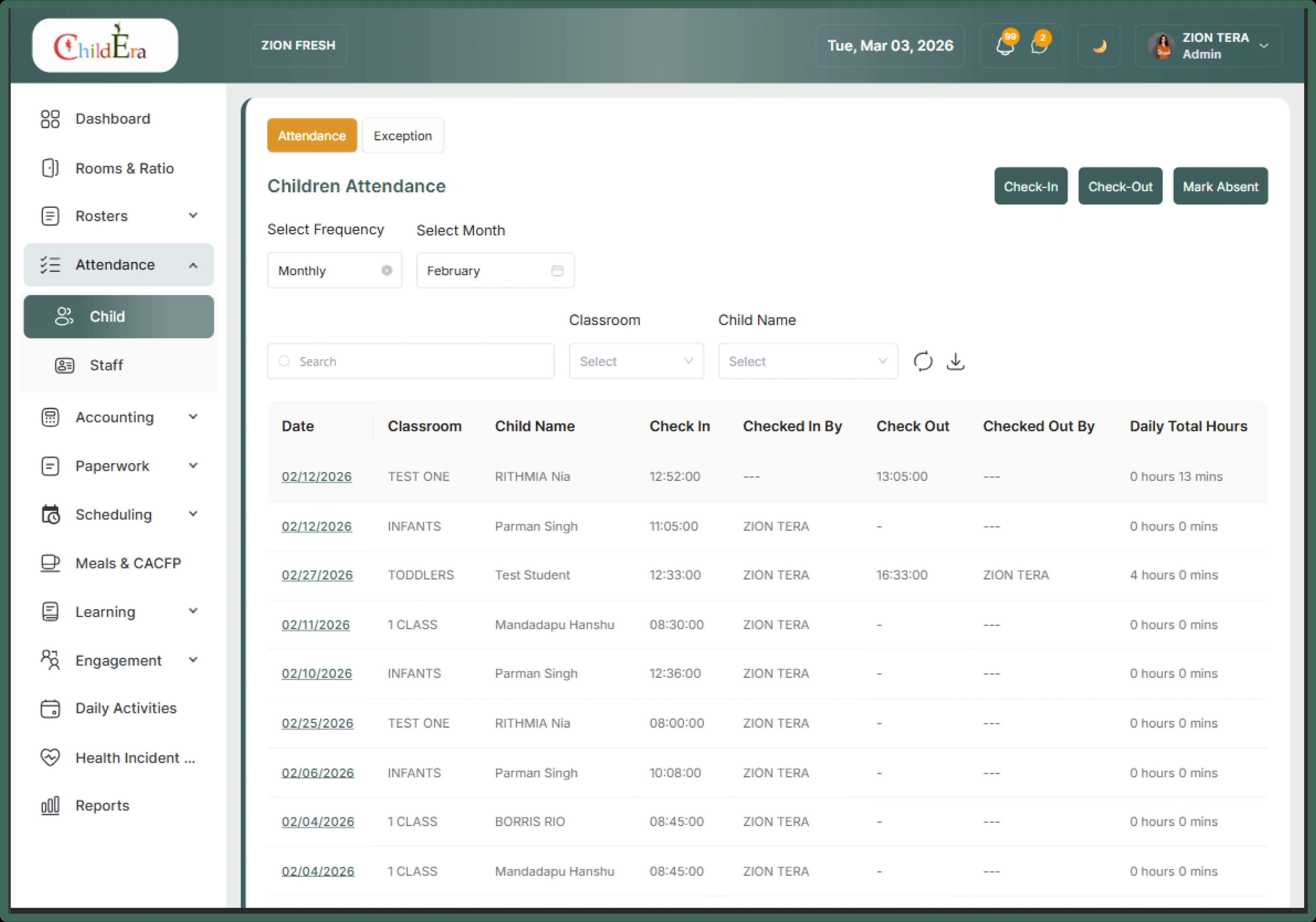 Real-time attendance and operational visibility for child care centers