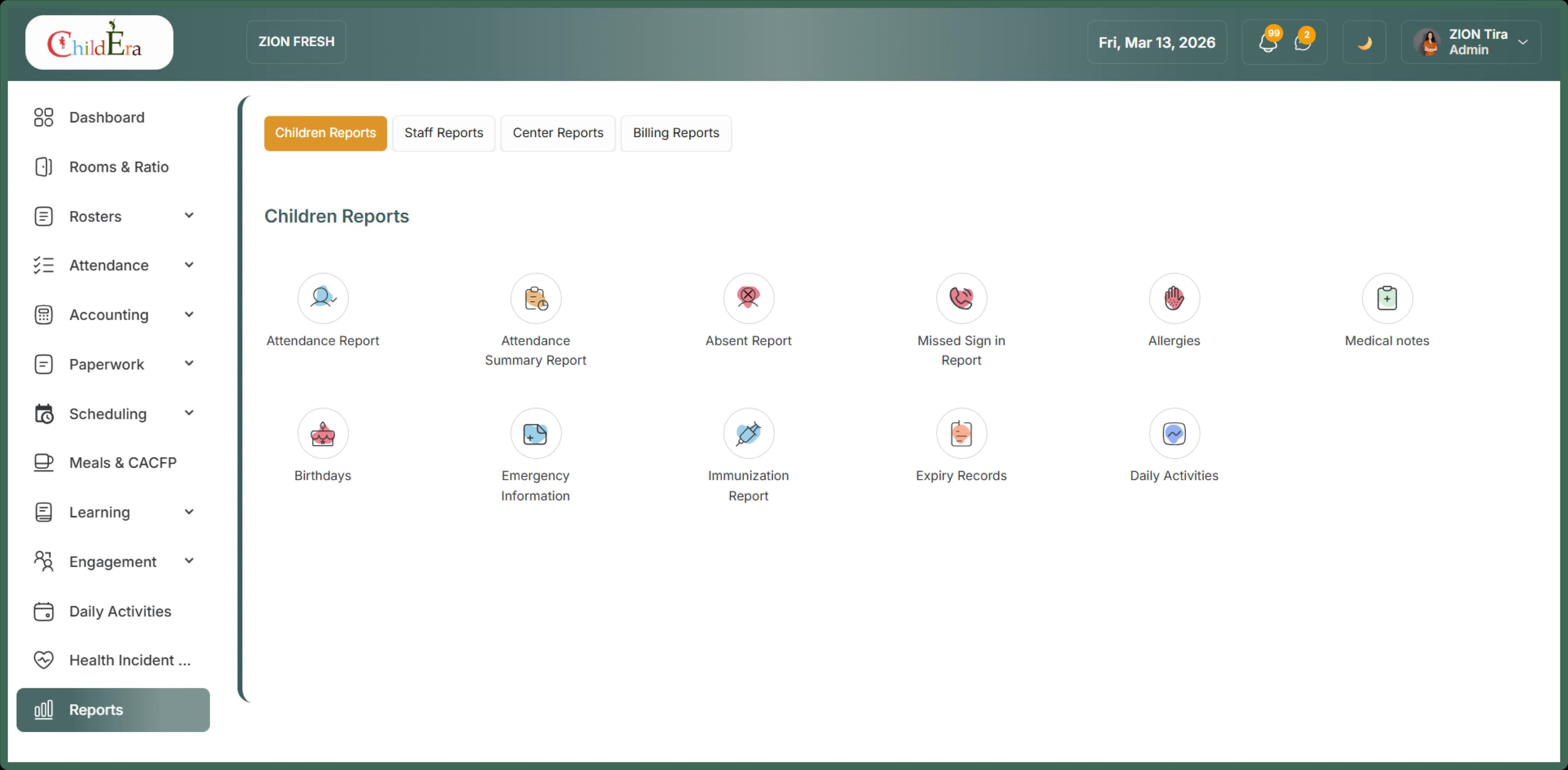 Reports exports and data downloads in ChildEra