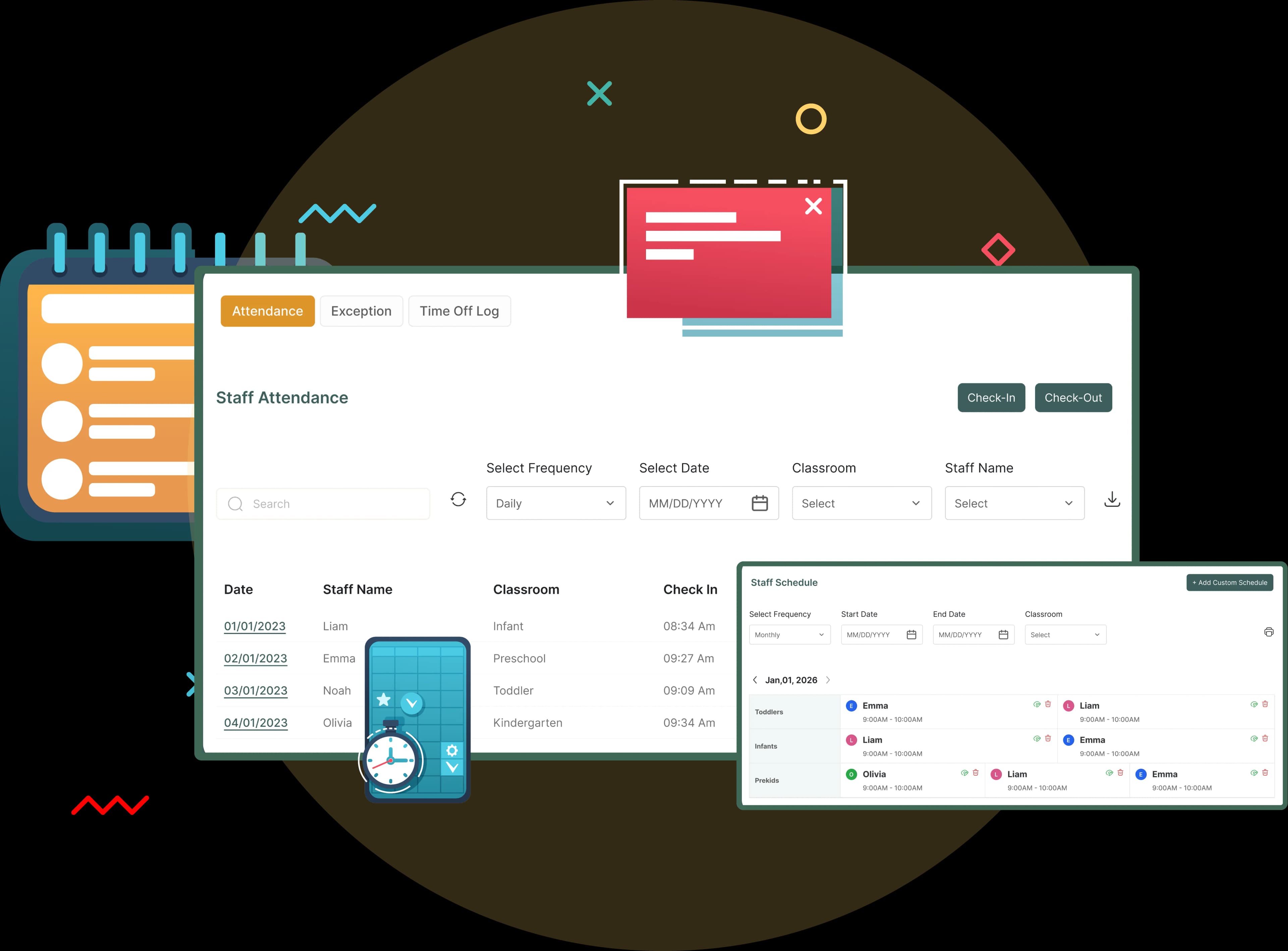 Staff scheduling, attendance tracking, and workforce access controls