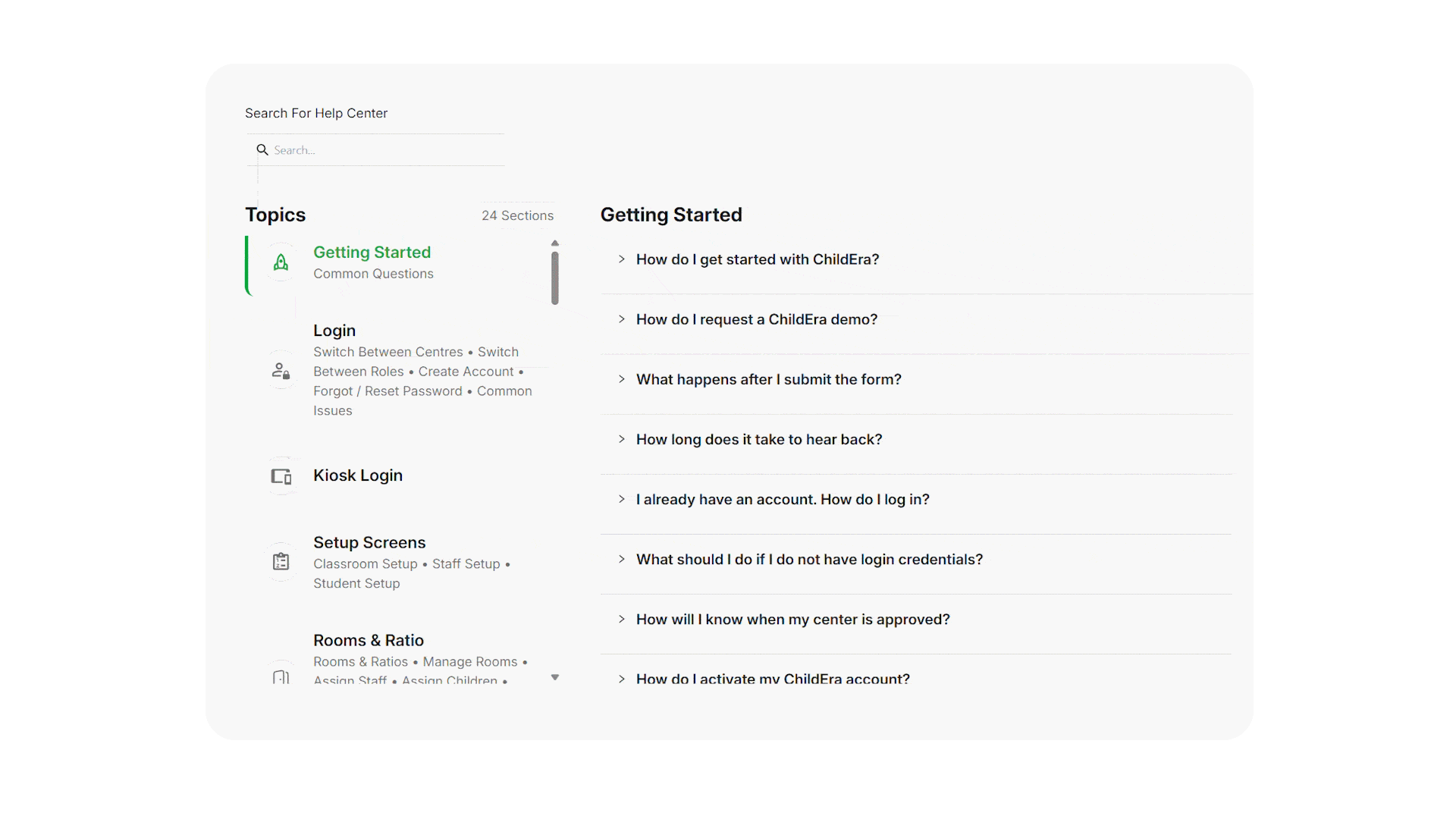 ChildEra in-app Help Center: search, topics list, and article questions